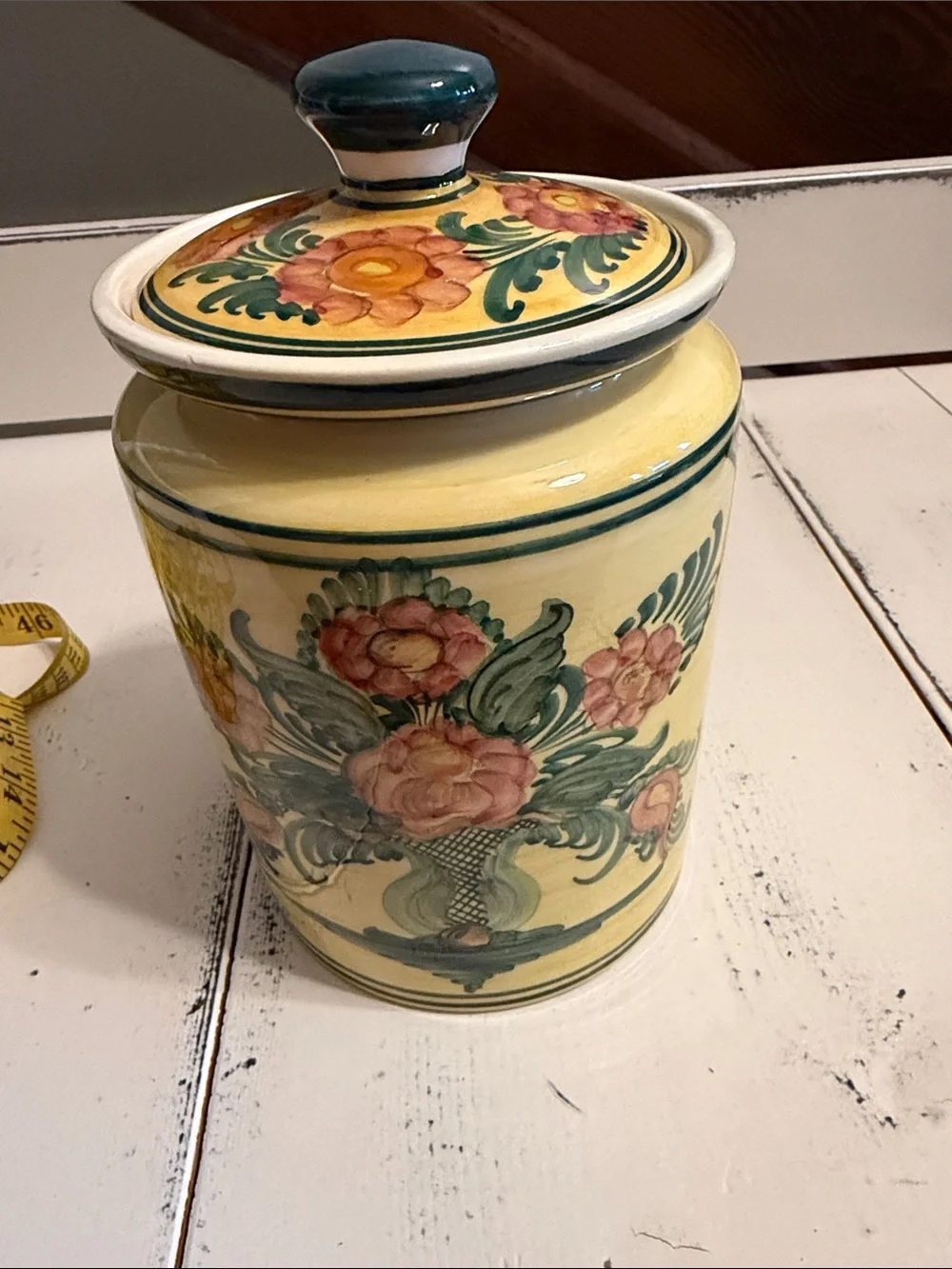 Pretty yellow and green cannister with lid.  Pottery from Greece.   AS IS!
